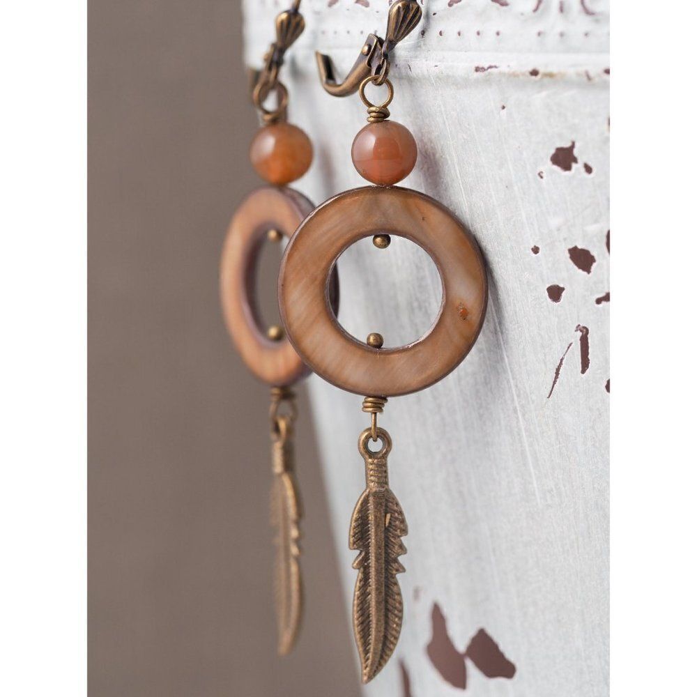 Tiger's Eye Shell Hoop Earrings With Feathers - Picture 2 of 2